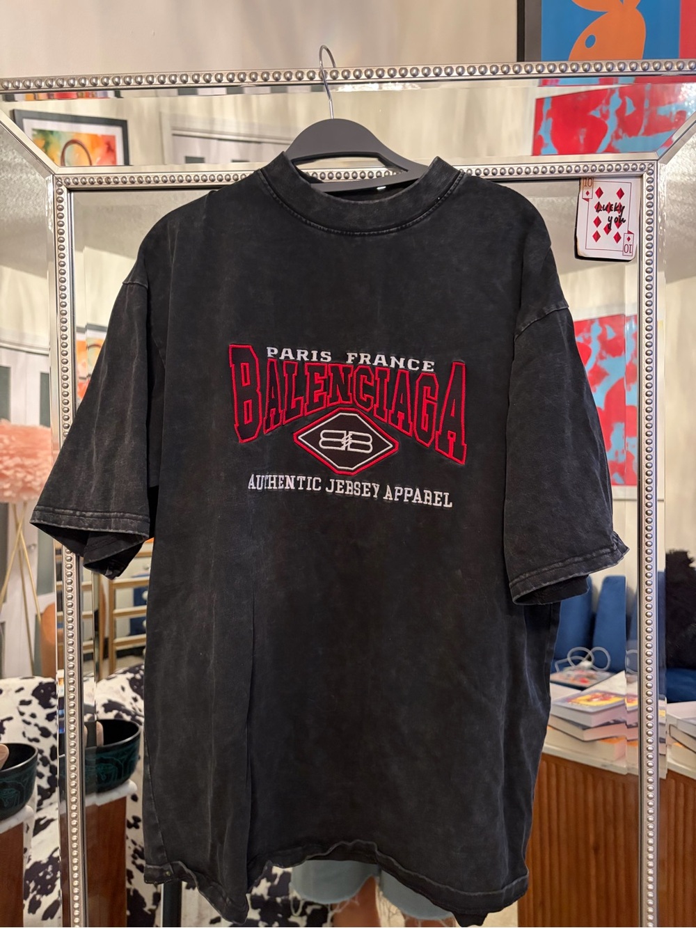 Balenciaga Black Tee with Red Logo Embroidery - Picture 1 of 6